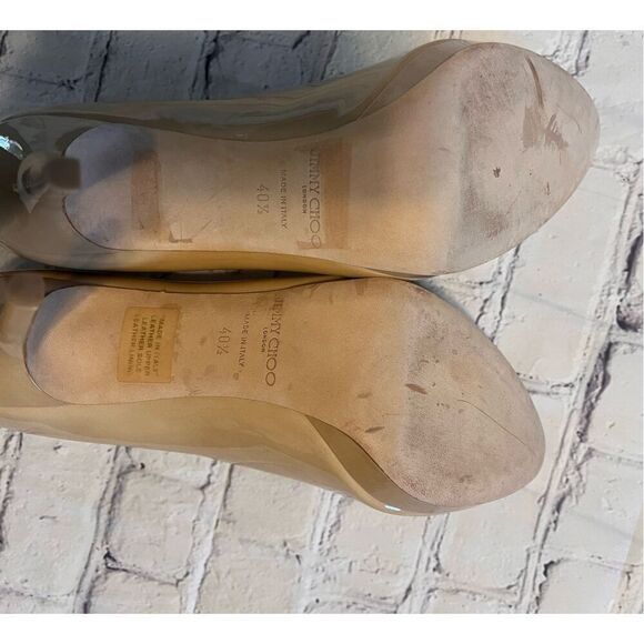 Jimmy Choo Sz 40.5 Open Toe Pump Heels Tan Patent Leather Classic Iconic Formal - Picture 15 of 16